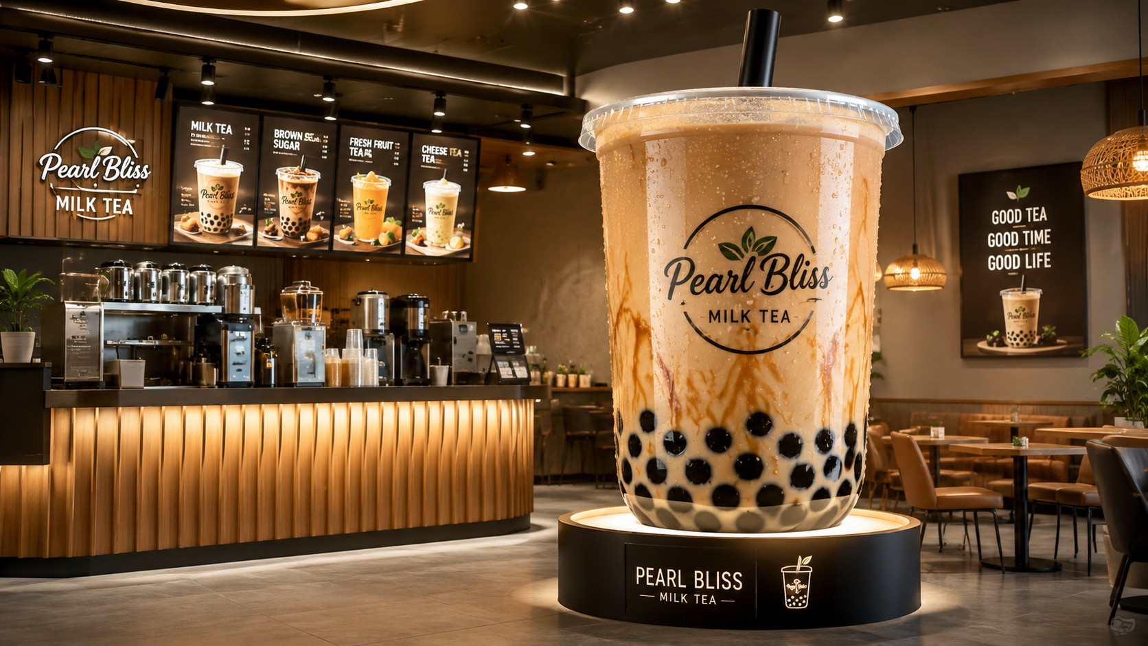 Mô hình ly trà sữa khổng lồ tại quán Pearl Bliss